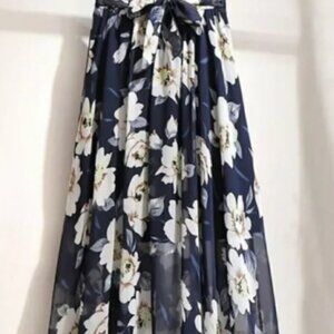Navy Floral Tie-Waist Sheer Layer Skirt
